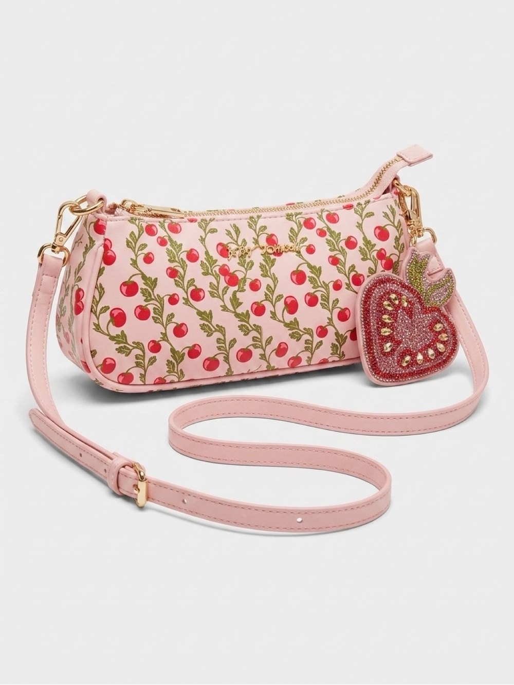 Betsey Johnson Pink Cherry-Print Crossbody bag & strawberry charm NWOT